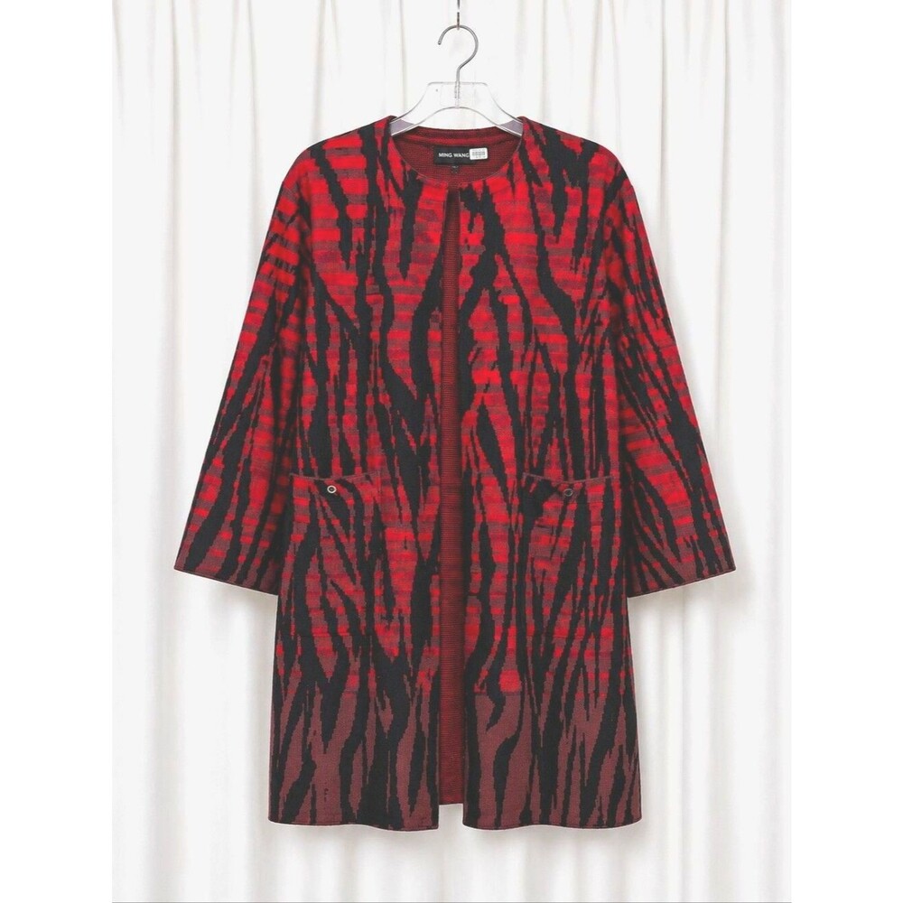 Ming Wang Red Black Abstract Animal Print Stretch Knit Longline Sweater Jacket